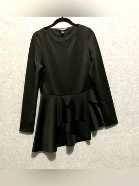 REVAMPED Black Asymmetric Peplum Top L Long Sleeve Structural Ruffle Hem Avant